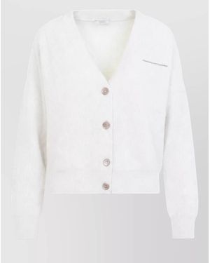 Peserico Cashmere Silk Wool Ribbed V-Neck Cardigan - White