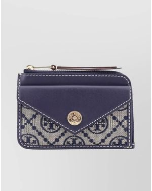 Tory Burch Logo Jacquard Leather Trim Card Holder - Blue