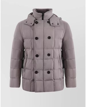 Fay Buttoned Double-Breasted Hooded Quilted Pockets Jacket - Gray