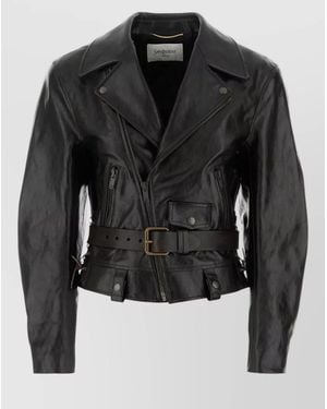 Saint Laurent Leather Jacket Belted Waist Buckle Detail - Black