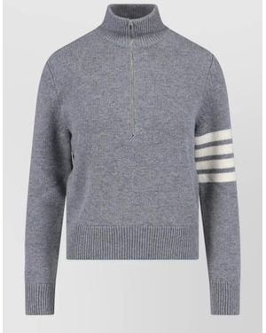 Thom Browne Knit Jumper High Collar Button Striped Detail - Grey