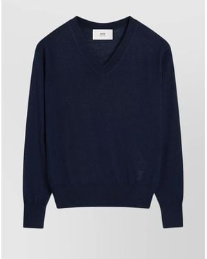 Ami Paris Ribbed V-Neck Knitwear Sweater - Blue