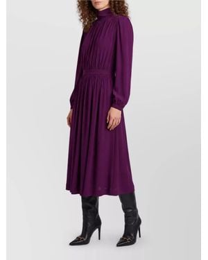 Gucci Viscose Pleated High-Neck Long-Sleeve Midi Dress - Purple