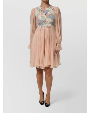 Dolce & Gabbana Floral Embroidered Sheer Pleated A Line Dress - Natural