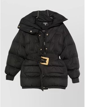 Balmain Quilted Hooded Coat Belt Waist Hardware - Black