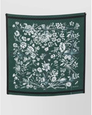 Gucci Silk Floral-Print Logo-Print Square Scarf - Green