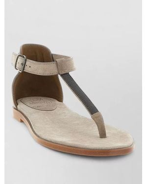 Brunello Cucinelli Monile Strap Flat Suede T Sandals - Natural