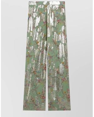 Valentino High Waist Wide Leg Metallic Floral Trousers - Green