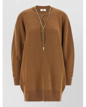 Elisabetta Franchi Cashmere Wool Ribbed Knit Cutout Knee-Length Dress - Brown