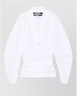 Jacquemus Cotton V-Neck Ruffled Wrap Blouse - White
