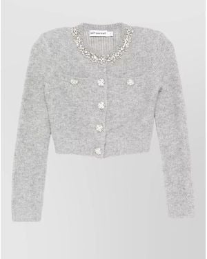 Self-Portrait Cropped Knit Cardigan Crystal Neckline Buttons - White