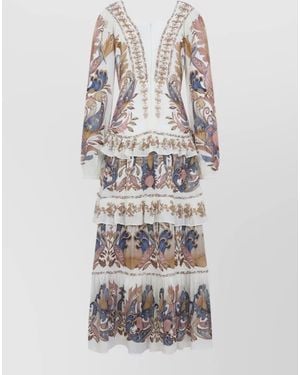 FARM Rio Floral Long Sleeve Tiered Ruffle V Neck Dress - White