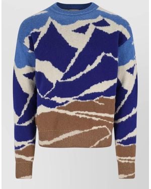 Moncler Mountain Pattern Crewneck Sweater Ribbed Trims - Blue