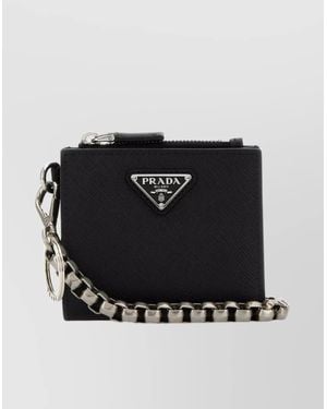 Prada Leather Wallet With Keyring Attachment And Metal Chain - Black