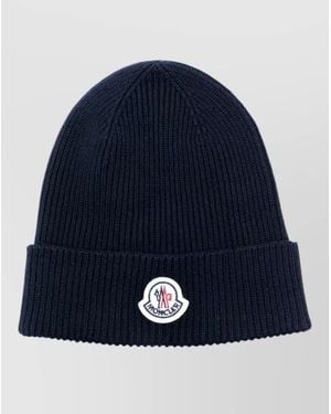 Moncler Wool Beanie Hat Logo Detail Ribbed - Blue