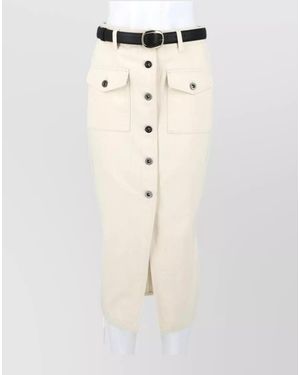 Self-Portrait High Waist Midi Denim Skirt Belts Pockets - Natural