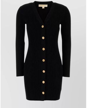 Michael Kors Ribbed Texture V-Neck Long Sleeve Dress - Black