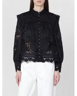 FARM Rio Embroidered Lace Long Sleeve Sheer Top - Black