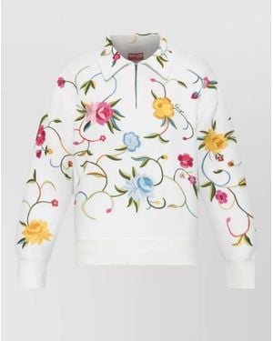 KENZO Floral Embroidery Cotton Quarter Zip Polo Sweatshirt - White