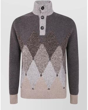 Ballantyne High Neck Argyle Knit Pullover Buttons - Gray