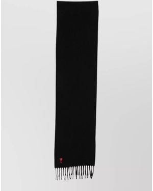Ami Paris Wool Knitted Logo-Patch Fringed Scarf - Black