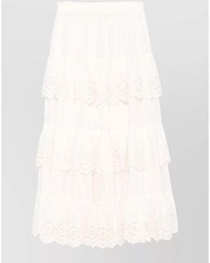 Zimmermann Embroidered Tiered High Rise Midi Skirt - Natural