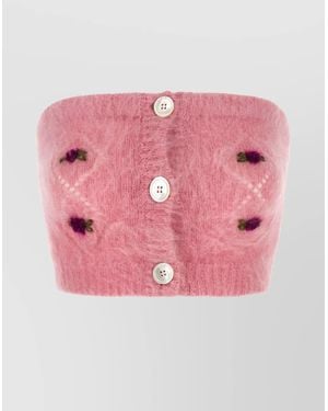 Alessandra Rich Mohair Top With Button Detailing And Floral Embroidery - Pink