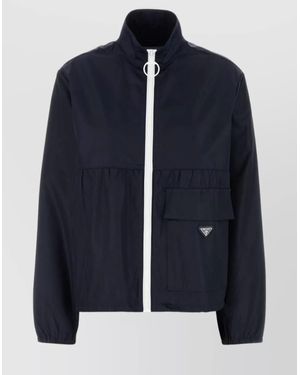 Prada Nylon Jacket With High Collar And Flap Pocket - Blue