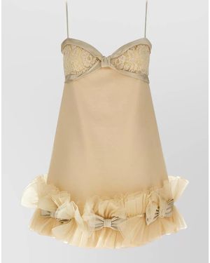 Valentino Garavani Bow Lace Dress Ruffle Hem Straps - Natural