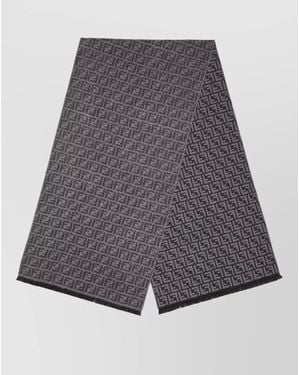 Fendi Monogram Pattern Rectangular Scarf Fringed Edges - Gray