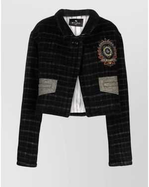 Etro Checked Floral Embroidered Cropped Jacket - Black