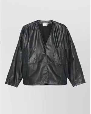 forte_forte Leather Kimono Jacket V Neck Patch Pockets - Black