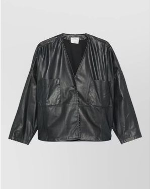 forte_forte Leather V-Neck Bead-Embellished Jacket - Black
