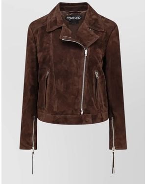 Tom Ford Suede Moto Jacket Double Zip Pockets - Brown