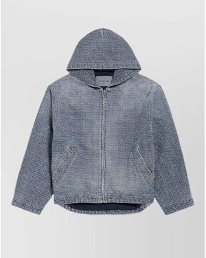 Balenciaga Hooded Distressed Cotton Denim Jacket - Blue