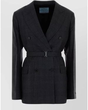 Prada Wool Blazer Embroidery Buttoned Cuffs Pockets Lapels - Black