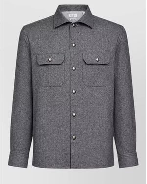 Brunello Cucinelli Silk Blend Collared Jacket Long Sleeves - Gray