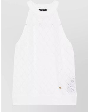 Balmain Wool Halterneck Top Diamond Knit Design - White