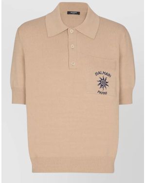 Balmain Polo Shirt Short Sleeves Ribbed Cuffs Pocket - Natural