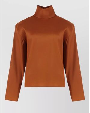 Saint Laurent Silk High-Neck Long-Sleeve Blouse - Brown