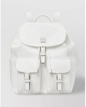 Tory Burch Adjustable Buckle Nylon Backpack With Flap Pockets - White