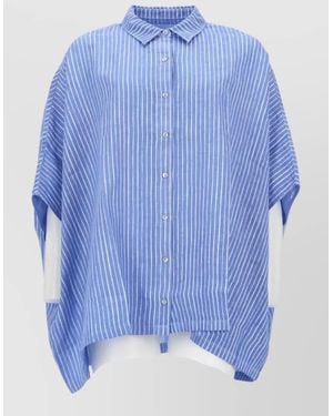 120% Lino Oversize Striped Collared Short Sleeve Jacket - Blue