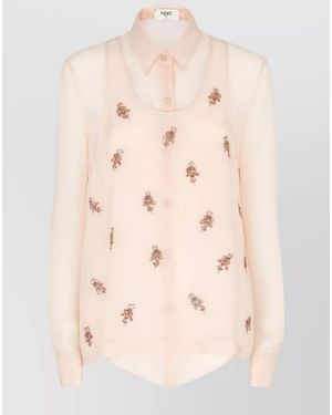 Fendi Silk Embellished Asymmetric Long-Sleeve Shirt - Natural