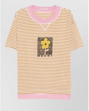 Marni Striped Floral-Print Ribbed-Trim T-Shirt - Natural