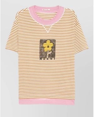 Marni Striped Floral Front Short Sleeve Top - Natural