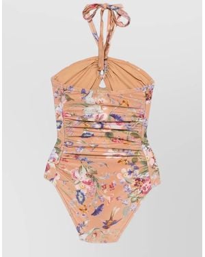 Zimmermann Patience Floral Cutout Ruched One Piece Swimsuit - Pink