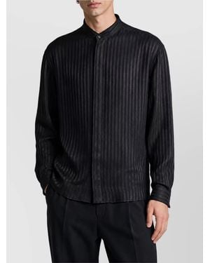 Giorgio Armani Striped Band Collar Long Sleeve Shirt - Black