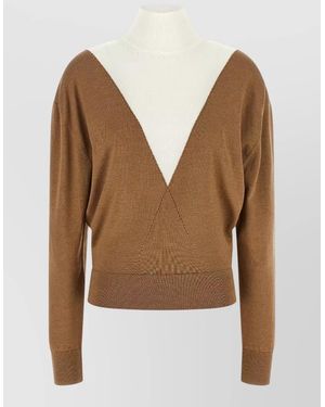 Rabanne Virgin Wool Silk V-Neck Trompe Loeil Long-Sleeve Sweater - Brown