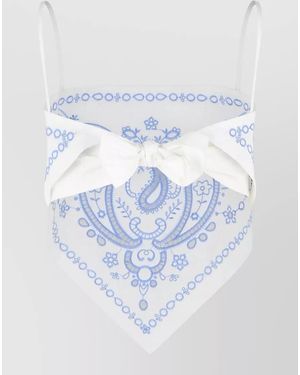 Self-Portrait Embroidered Linen Blend Top Bow Detail - Blue