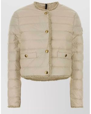 Moncler Nylon Fleaurs Down Jacket Fringe Buttons Pockets - Natural